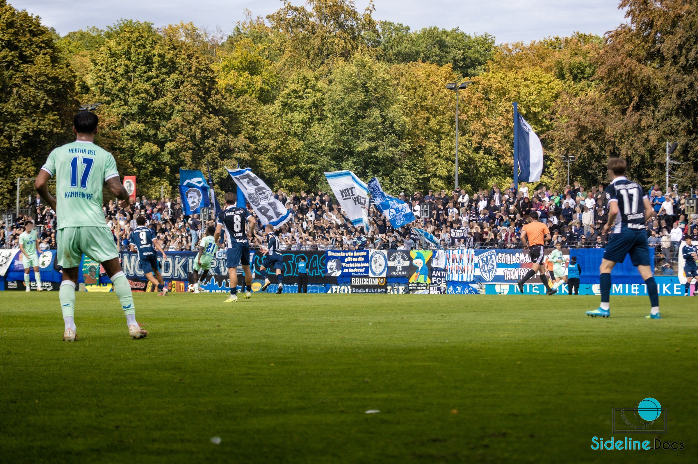 Hertha player in the foreground, flags behind